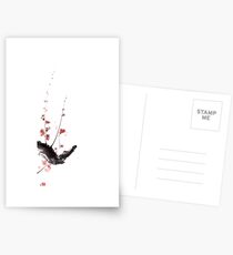 Sakura cherry blossom orange pink red flowers tree watercolor original ink painting Postcards