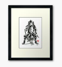 Samurai sword bushido katana armor silver steel plate metal kabuto costume helmet martial arts sumi-e original ink painting artwork Framed Print