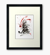 Samurai sword black white red strokes bushido katana martial arts sumi-e original fight ink painting artwork Framed Print