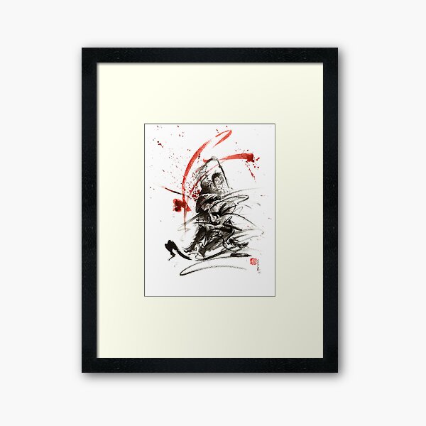 Samurai sword black white red strokes bushido katana martial arts sumi-e original fight ink painting artwork Framed Art Print