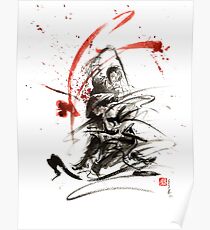 Samurai sword black white red strokes bushido katana martial arts sumi-e original fight ink painting artwork Poster