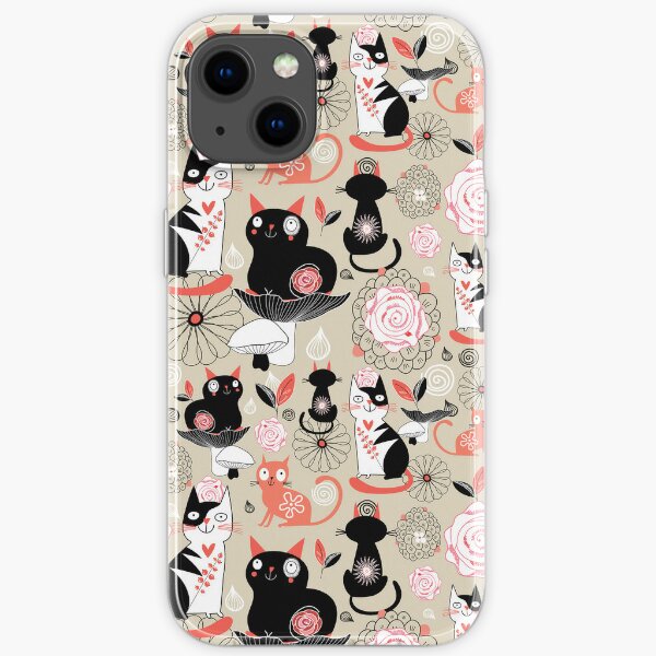 Floral pattern with cats iPhone Soft Case