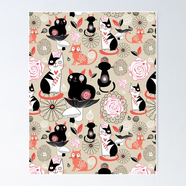Floral pattern with cats Poster