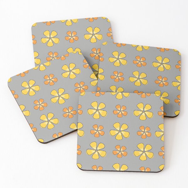 Aperçu de l'œuvre Doodle fleurs d'hibiscus orange et jaune sur fond gris créée et vendue par Meg M Studio.