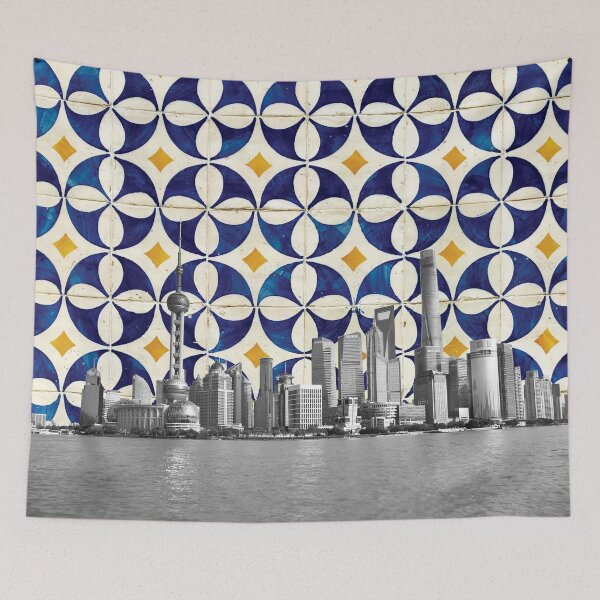 Item preview, Shanghai China Meets Portuguese Tiles Montage - Azulejo Blue White and Yellow designed and sold by idovedesign.
