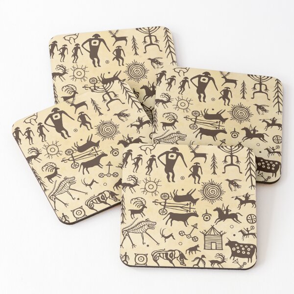 Item preview, Seamless pattern. Animation image of ancient rock paintings. Drawing on a stone. Set of petroglyphs,mystical symbols, animals, people and gods. Background - imitation  old paper. designed and sold by YanaZvereva.