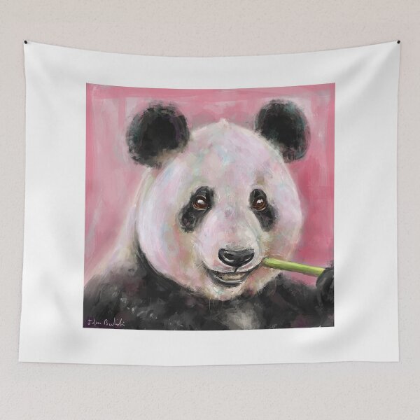 Item preview, Painting of a Cute Panda Bear Chewing a Bamboo on Pink Background designed and sold by ibadishi.