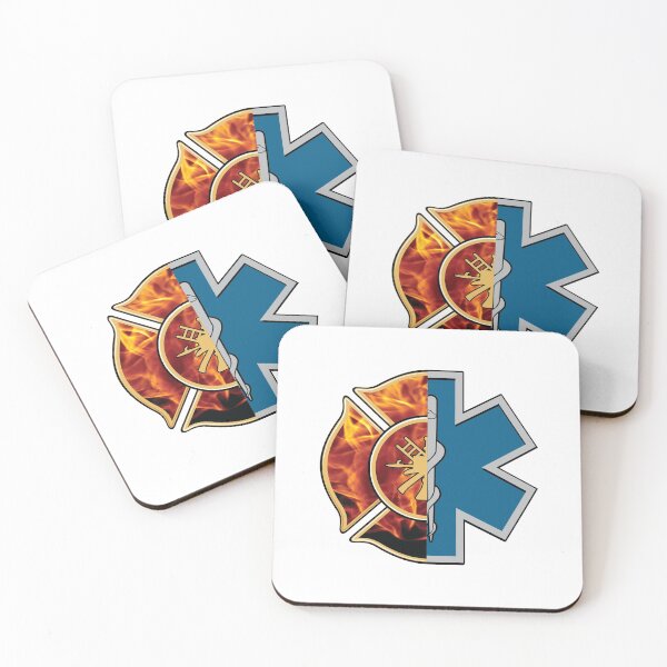 Artikelvorschau, Feuerwehr Malteserkreuz und EMS Stern des Lebens Symbol Vollfarbe mit Feuer entworfen und verkauft von cartattz.