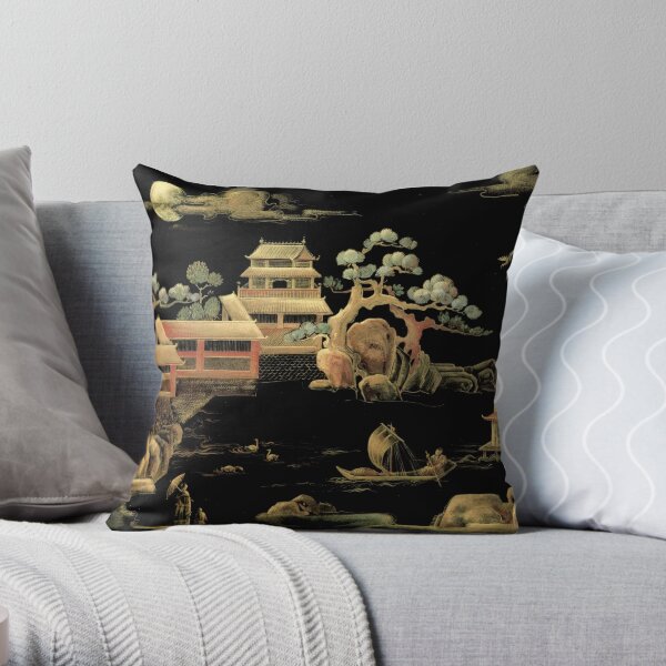 ORIENTAL BLACK GOLD PAGODA JAPAN ASIAN CHINESE THEME PRINT POSTER ART Throw Pillow