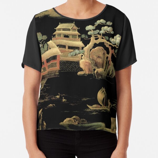 ORIENTAL BLACK GOLD PAGODA JAPAN ASIAN CHINESE THEME PRINT POSTER ART Chiffon Top
