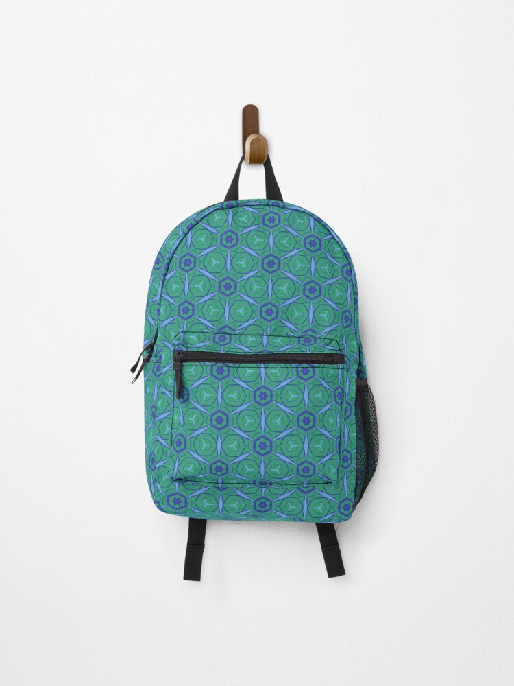 Thumbnail 1 of 3, Backpack, Blue Green Points Kaleidoscope designed and sold by RosieRiggs.