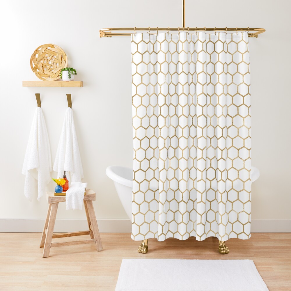 "Gold and White Pattern" Shower Curtain by glitterandchic