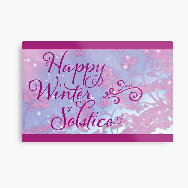 Happy Winter Solstice - Swirly Font, Magenta & Snow Metal Print