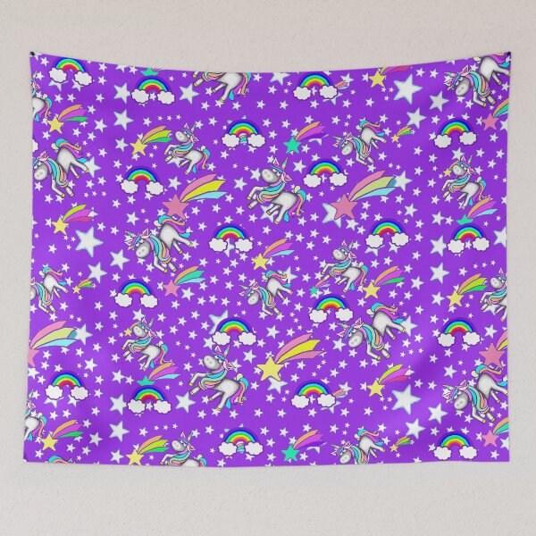 Item preview, Rainbows Unicorns And Stars On Purple Background designed and sold by jaggerstudios.