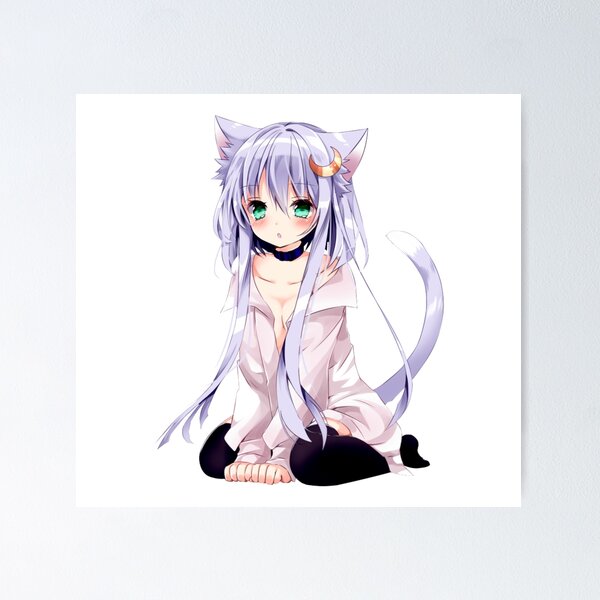 Kawaii Anime Neko Cat Girl With white hair  Poster, fotos kawaii anime 