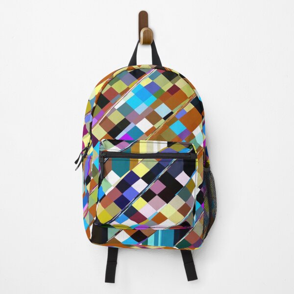 Item preview, geometric square pixel pattern abstract background in brown yellow blue pink designed and sold by Mrvell.