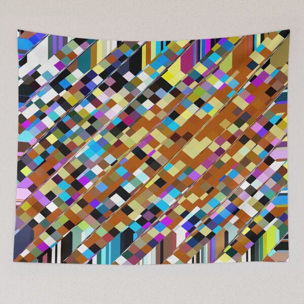 Item preview, geometric square pixel pattern abstract background in brown yellow blue pink designed and sold by Mrvell.