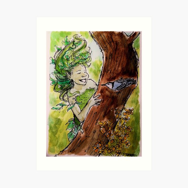 Dryad Playing Hide-and-Seek with a Nuthatch Art Print