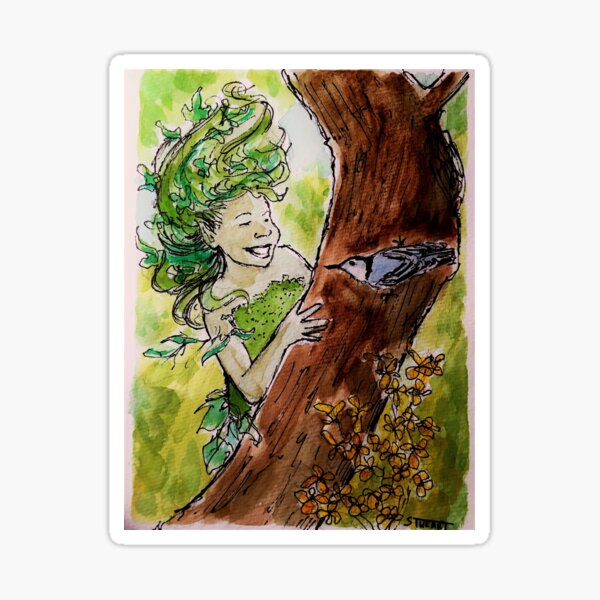 Vista previa del artículo con la obra «Dryad jugando al escondite con un trepador azul», diseñado y vendido por Bearnabas.