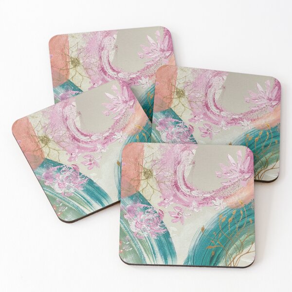 Item preview, Spring Kimono, semi-abstract, pink, flowers, aqua, gold, leafs designed and sold by Julie Schofield.