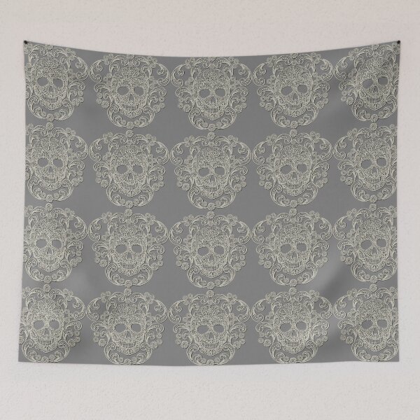 Item preview, Ivory Lace Skull Damask on Grey designed and sold by Cecilia Mok.