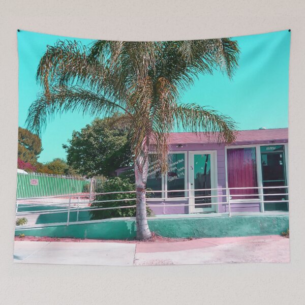 Item preview, pink building in the city with palm tree and blue sky designed and sold by Mrvell.