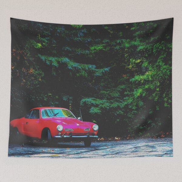 Item preview, red classic car in the forest with green tree background designed and sold by Mrvell.