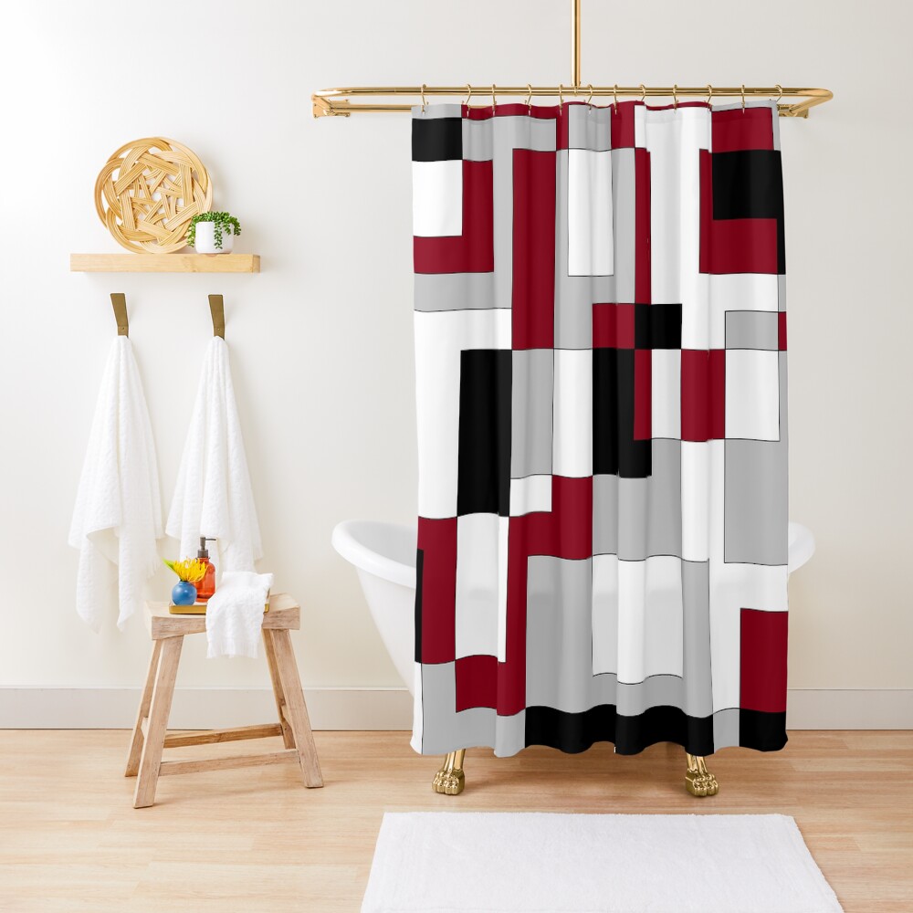Modern Abstract Geometric Tiles Mosaic White Grey Black Red maroon Shower Curtain