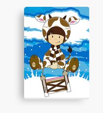 Girl in Cow Costume on Sledge Leinwanddruck
