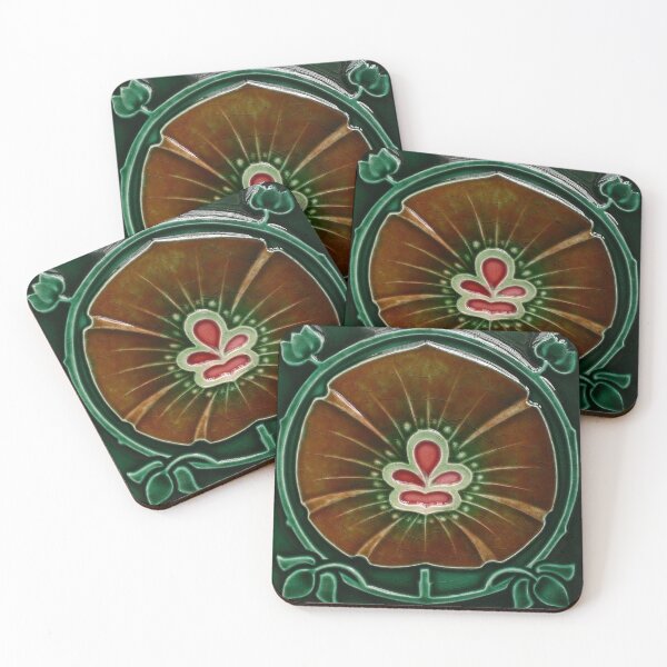 Vintage Art Nouveau Floral Tile in green, brown and red. Coasters (Set of 4)