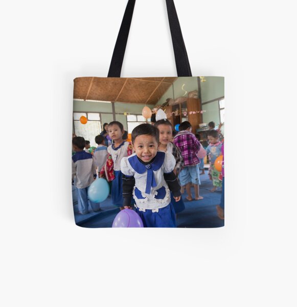 Preschoolers playing with Balloons in Myanmar All Over Print Tote Bag