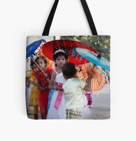 Girls in Shinbyu Parade in Bawdhitahtaung. (Myanmar) All Over Print Tote Bag