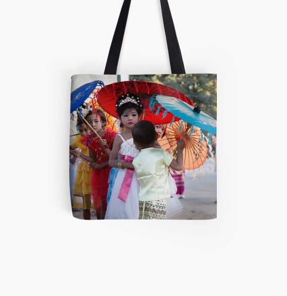 Girls in Shinbyu Parade in Bawdhitahtaung. (Myanmar) All Over Print Tote Bag
