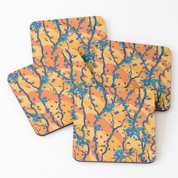 Item preview, Indigo flower blues on orange sunset designed and sold by runcatrun.