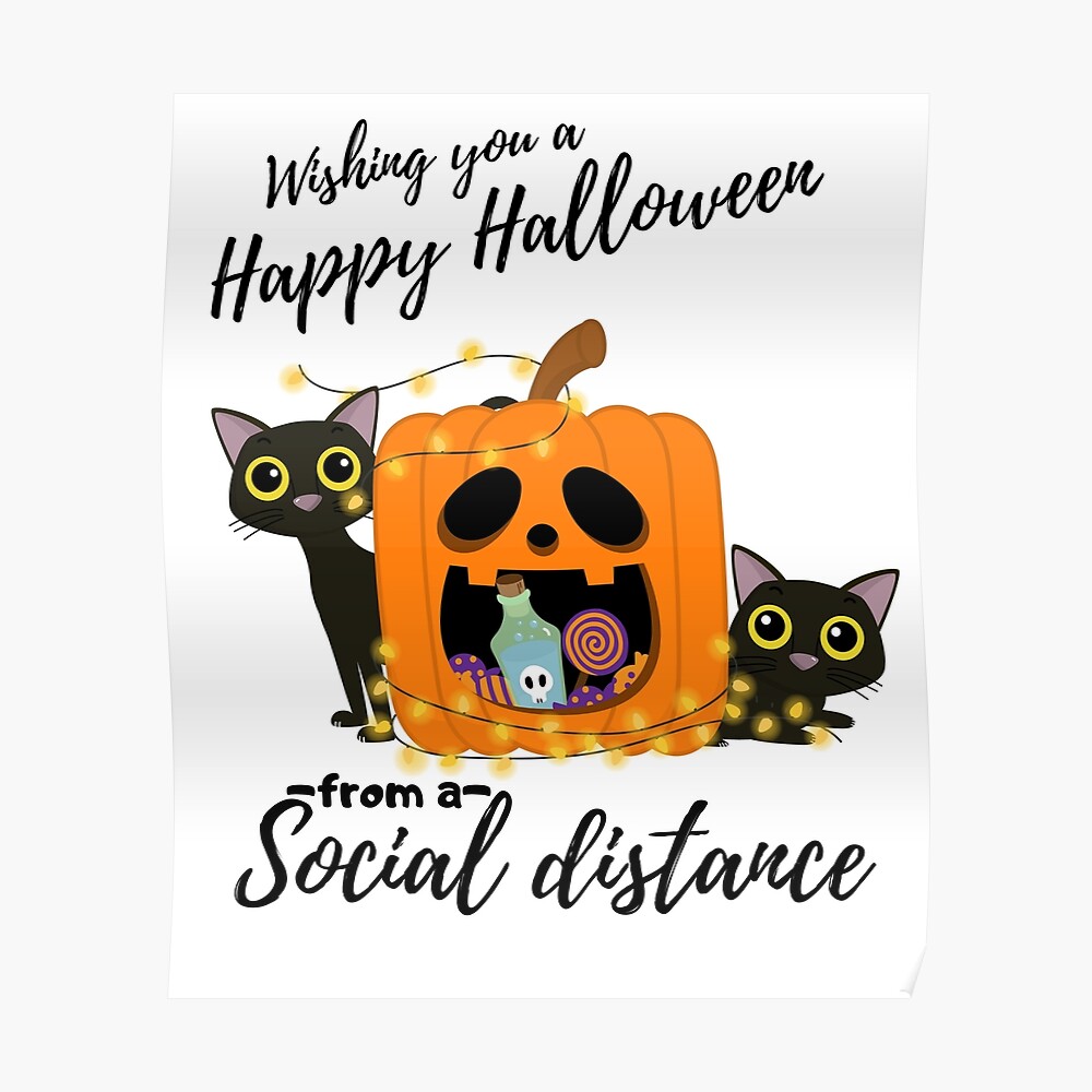 Carte De Vœux Je Vous Souhaite Un Joyeux Halloween A Distance Sociale Deux Chats Noirs Avec Une Citrouille D Horreur Pour La Carte De Voeux D Halloween Par Zugharo19 Redbubble