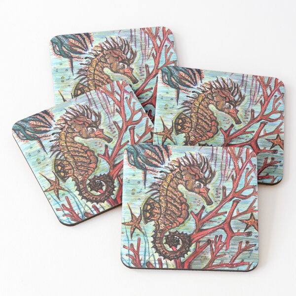 Item preview, hand painted seahorse save our reefs by mysticladyart 2020 mask bag shirt design  designed and sold by mystic lady vintage art and fashion designs.