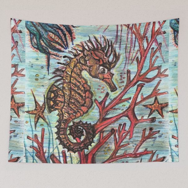 Item preview, hand painted seahorse save our reefs by mysticladyart 2020 mask bag shirt design  designed and sold by mystic lady vintage art and fashion designs.
