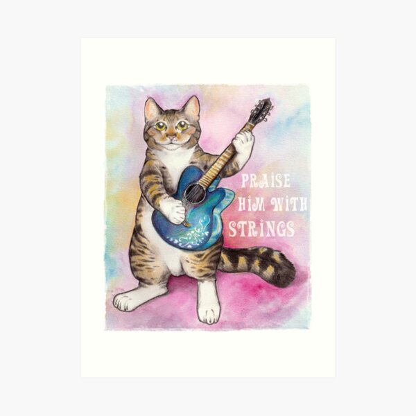 Tie Dye Cat with Guitar Psalm 150:4 Art Print