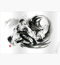 Aikido randori fight popular techniques martial arts sumi-e samurai ink painting artwork Poster