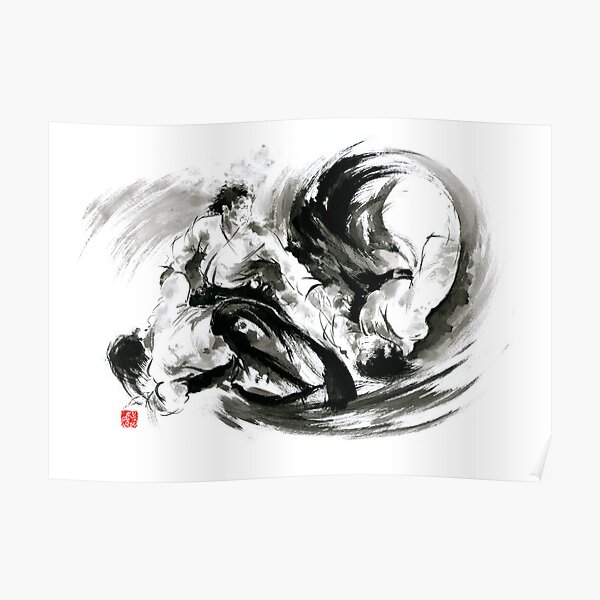 Aikido randori fight popular techniques martial arts sumi-e samurai ink painting artwork Poster