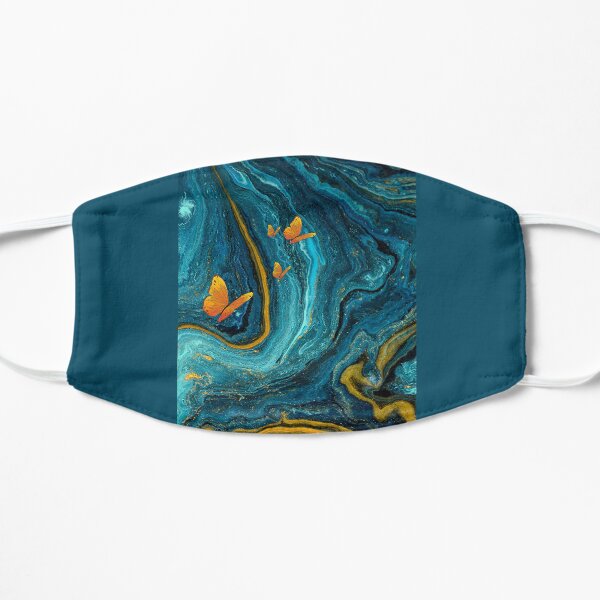 Aesthetic modern abstract blue marble design , flying butterflies Flat Mask
