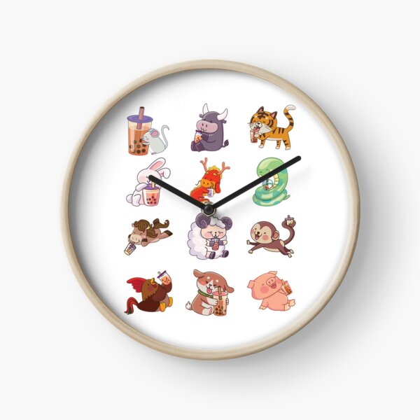 12 Chinese Zodiacs sipping Boba Clock