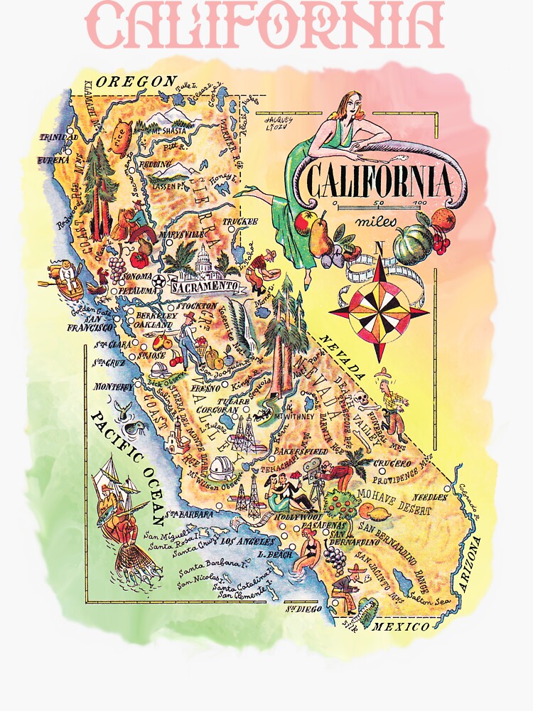 Retro California Tourist Map1940s Pictorial State Map Sticker For