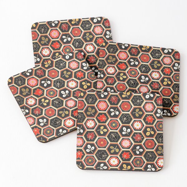Item preview, Traditional Japanese Kikkou Tortoise Shell Autumn Geometric Floral Pattern with Maple Leaves, Bush Clover, and Chrysanthemum in Bold Gold Black and Red designed and sold by Charredsky.