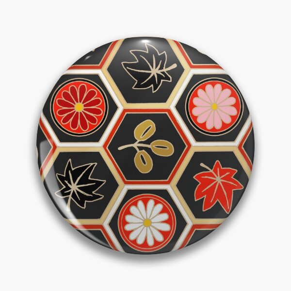 Item preview, Traditional Japanese Kikkou Tortoise Shell Autumn Geometric Floral Pattern with Maple Leaves, Bush Clover, and Chrysanthemum in Bold Gold Black and Red designed and sold by Charredsky.