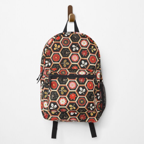 Item preview, Traditional Japanese Kikkou Tortoise Shell Autumn Geometric Floral Pattern with Maple Leaves, Bush Clover, and Chrysanthemum in Bold Gold Black and Red designed and sold by Charredsky.