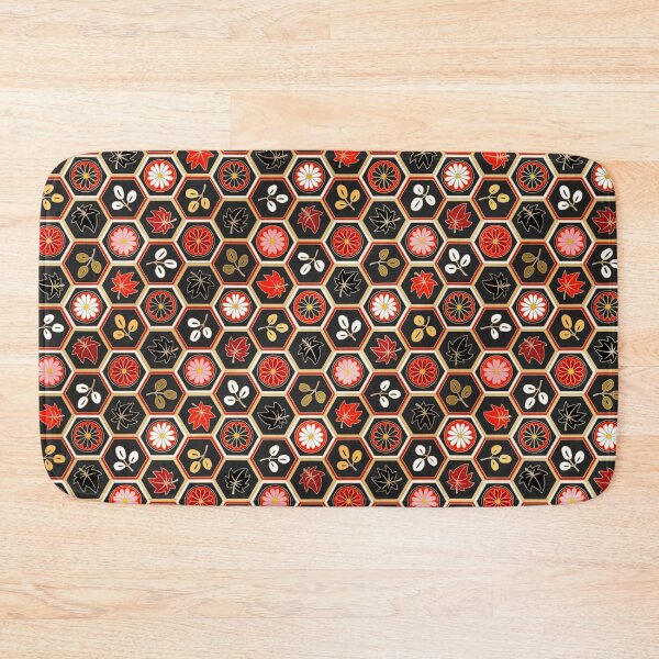 Item preview, Traditional Japanese Kikkou Tortoise Shell Autumn Geometric Floral Pattern with Maple Leaves, Bush Clover, and Chrysanthemum in Bold Gold Black and Red designed and sold by Charredsky.