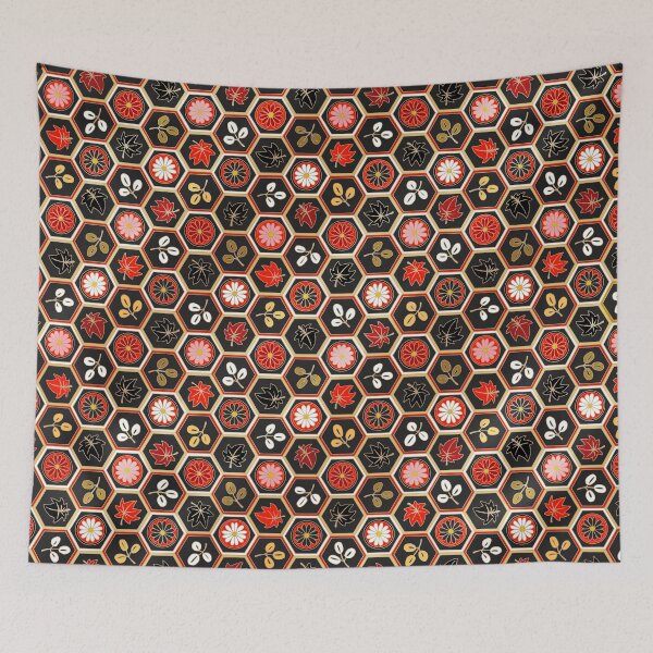 Item preview, Traditional Japanese Kikkou Tortoise Shell Autumn Geometric Floral Pattern with Maple Leaves, Bush Clover, and Chrysanthemum in Bold Gold Black and Red designed and sold by Charredsky.