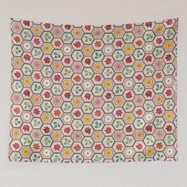 Item preview, Traditional Japanese Kikkou Tortoise Shell Autumn Geometric Floral Pattern with Maple Leaves, Bush Clover, and Chrysanthemum in Muted Rainbow designed and sold by Charredsky.