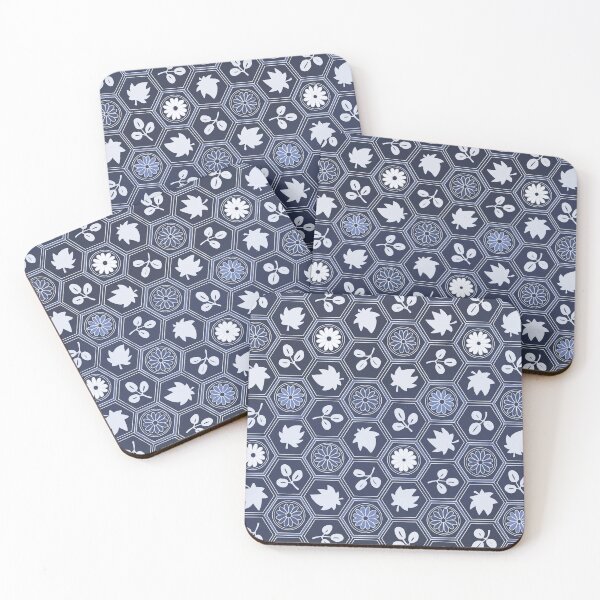 Item preview, Traditional Japanese Kikkou Tortoise Shell Autumn Geometric Floral Pattern with Maple Leaves, Bush Clover, and Chrysanthemum in Indigo Navy designed and sold by Charredsky.